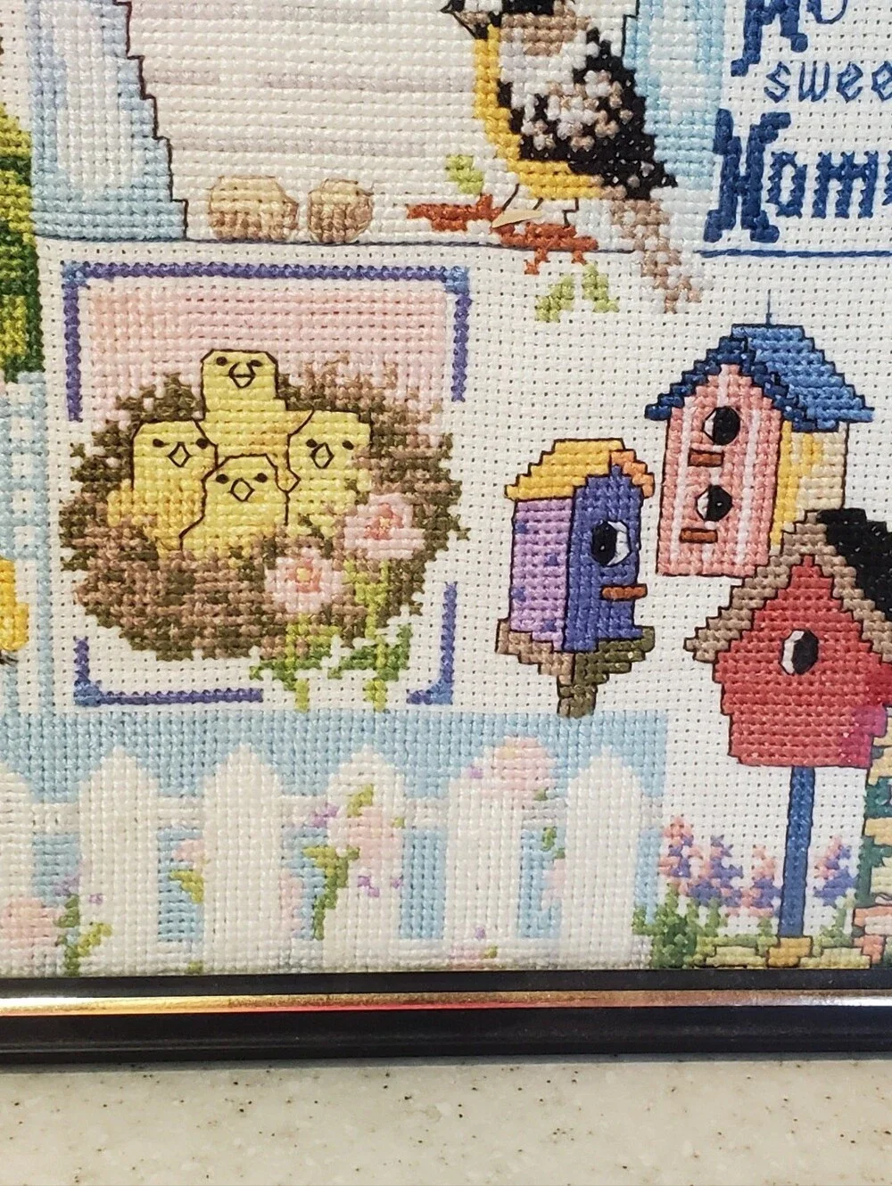 Finished Cross Stitch Birdhouse Home Sweet Home Framed Needlepoint Cottagecore G